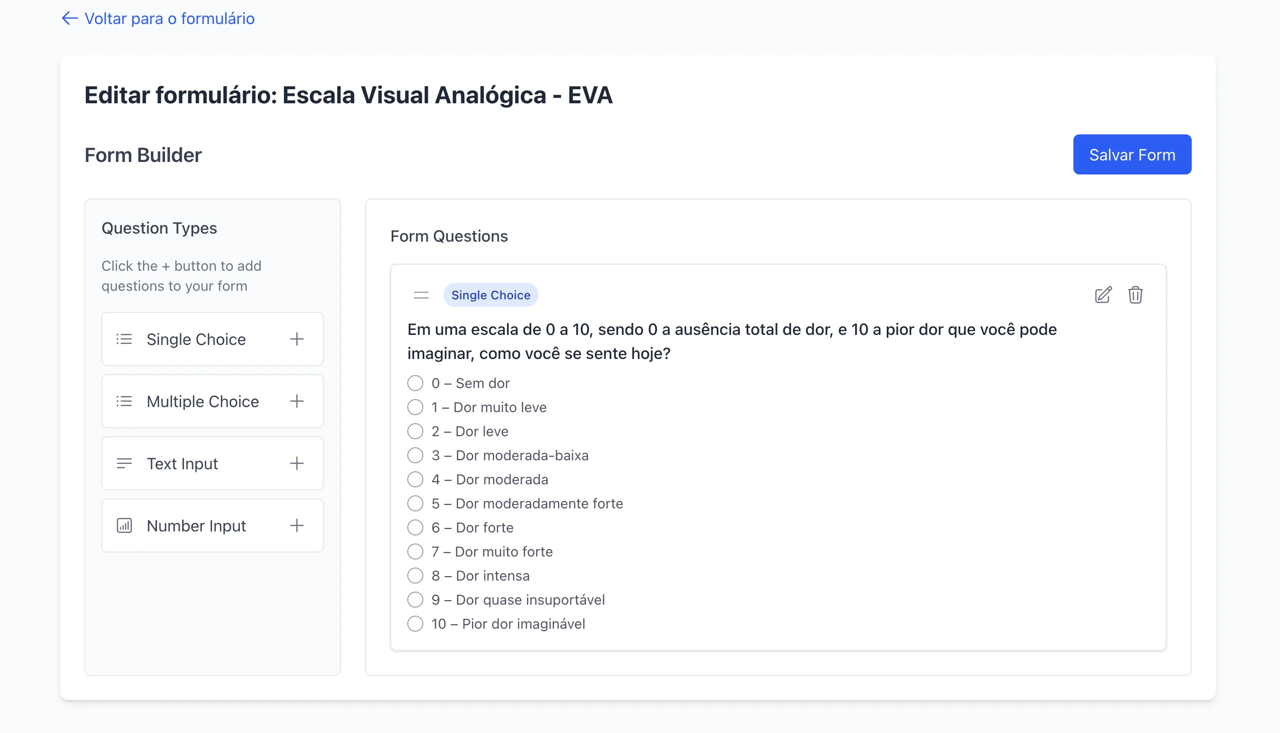 Tela de formulários